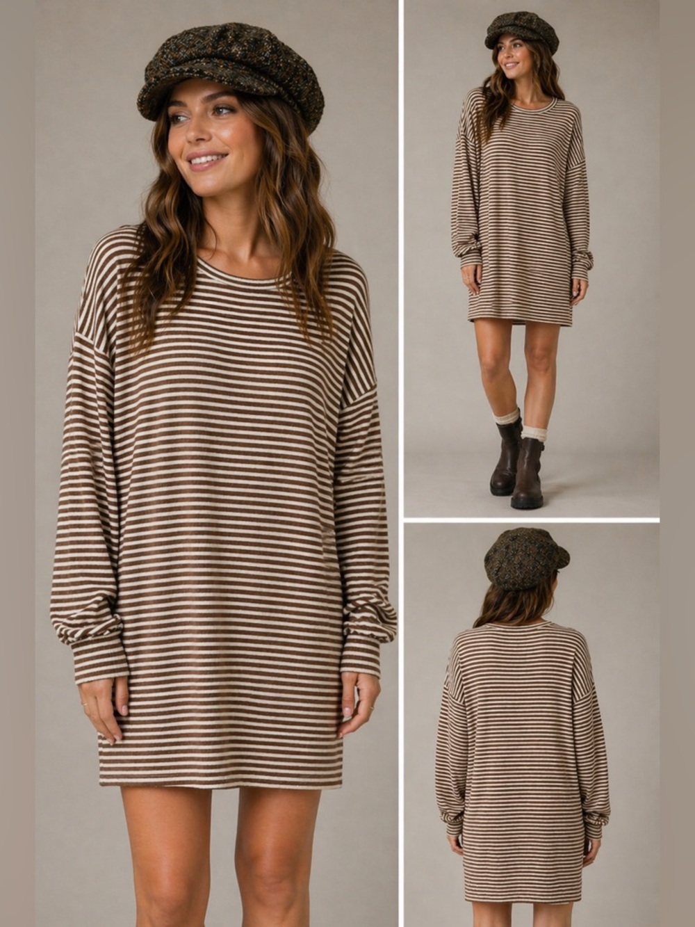 Umgee brown and cream striped fuzzy tunic style dress poof sleeve with band cuff